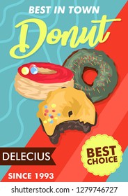 Food poster with fresh delicious donuts on vintage style