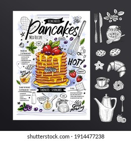 Food poster, pancakes recipe, ingredients, home made. Honey sweet, baked crepes, strawberry, breakfast, berries. Yummy cartoon style isolated. Hand drawn vector