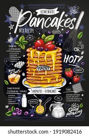 Food poster, pancakes recipe, ingredients, homemade. Honey, sweet, baked crepes, strawberry, breakfast, berries. Yummy cartoon style isolated. Hand drew vector