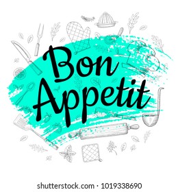 Food Poster Print Lettering. Bon Appetit. Lettering kitchen cafe restaurant decoration. Cutting board, knife, fork, cooking. Hand drawn vector illustration.