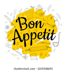 Food Poster Print Lettering. Bon Appetit. Lettering kitchen cafe restaurant decoration. Cutting board, knife, fork, cooking. Hand drawn vector illustration.