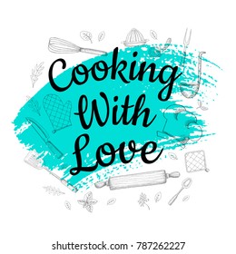 Food Poster Print Lettering. Cooking with love. Lettering kitchen cafe restaurant decoration. Cutting board, knife, fork, kitchen, chalk, board, cooking. Hand drawn vector illustration.