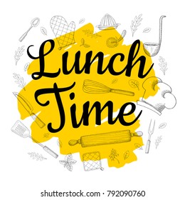 Food Poster Print Lettering. Lunch Time. Lettering kitchen cafe restaurant decoration. Cutting board, knife, fork, kitchen, chalk, board, cooking. Hand drawn vector illustration.