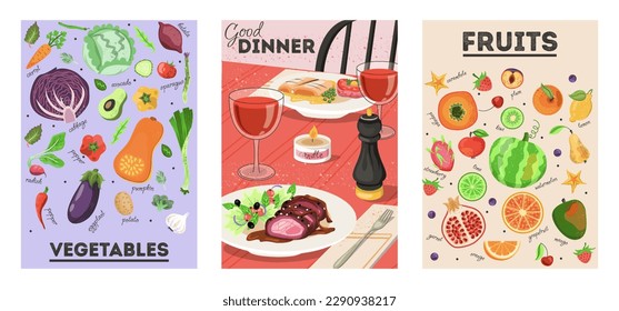 Food poster set. Collection of colored covers for cooking, restaurant, cafe, kitchen. Banner with fruits and vegetables. Romantic date night candlelight dinner. Cartoon flat vector illustration