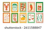 Food posters. Abstract kitchen card. Dolce Vita culinary composition with pasta, lobster, sardine, coffee in decorative frame. Italian cuisine banner for cafe. Vector set.