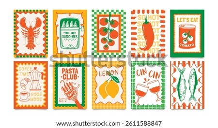 Food posters. Abstract kitchen card. Dolce Vita culinary composition with pasta, lobster, sardine, coffee in decorative frame. Italian cuisine banner for cafe. Vector set.