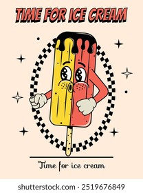 Food posters in groovy. Drinks. Ice cream. Quick snack. Y2k elements and shapes. Comic and character. Walking. Retro character. Face, hands and legs. Psychedelic, hippie. 2000s. Vintage label sticker