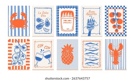 Food posters. Hand drawn kitchen frame banner. Food and drinks compositions with fruit, fish, wine, vegetables, sardines for cafe menu. La dolce vita decor. Vector set.