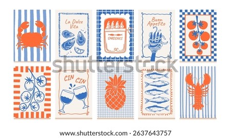 Food posters. Hand drawn kitchen frame banner. Food and drinks compositions with fruit, fish, wine, vegetables, sardines for cafe menu. La dolce vita decor. Vector set.