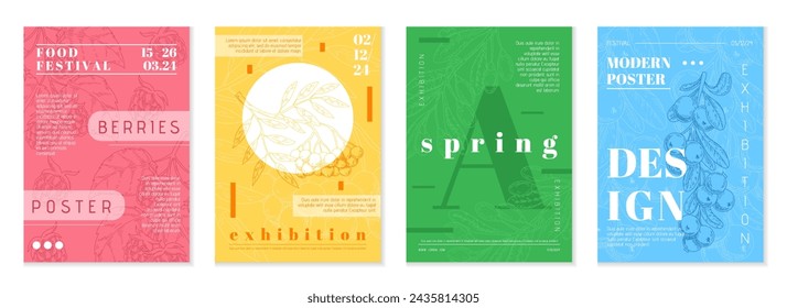 Food posters. Juice art label. Festival invitation template. Natural berry. Abstract pattern. Hipster modern design. Fruit sketch. Rowan branch with leaves. Recipe drink. Vector garish backgrounds set