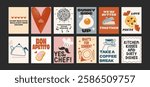 Food posters for the kitchen. Culinary compositions in cartoon trendy style of Matisse. Decor for kitchens, cafes and restaurants. Minimalist banners for wall decor, prints, wallpaper.