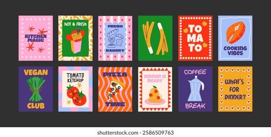 Food posters for the kitchen. Culinary compositions in cartoon trendy style of Matisse. Decor for kitchens, cafes and restaurants. Minimalist banners for wall decor, prints, wallpaper.