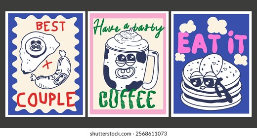 Food posters in retro style for the kitchen and cafe. Vintage hand drawn illustration of breakfast food and coffee drink. Art for poster design, wall decor, background, prints. Modern hand drawn text