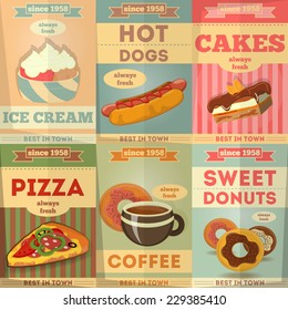 Food Posters set. Advertise with Ice Cream, Hot dogs, Cakes, Pizza, Coffee, Donuts. Vector Illustration.