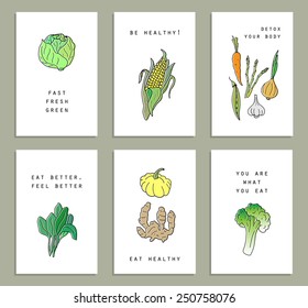 Food Posters set. Six creative cards with vegetables. Minimalistic and stylish card design.