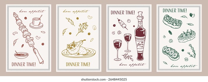 Food posters, snacks on stick and dishes hand drawings, line art of different party food, restaurant menu decorations and cuisine graphic design elements for kitchen and cafes. Vector illustration.