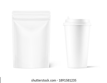 Food pouch bag and paper cup isolated on white background. Vector illustration. Front view. Can be use for template your design, presentation, promo, ad. EPS10.	
