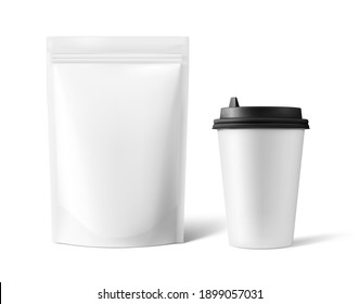 Food pouch bag and paper cup isolated on white background. Vector illustration. Front view. Can be use for template your design, presentation, promo, ad. EPS10.	