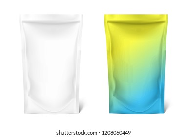 Food pouch bags isolated on white background. Vector illustration. Front view. Can be use for template your design, presentation, promo, ad. EPS10.