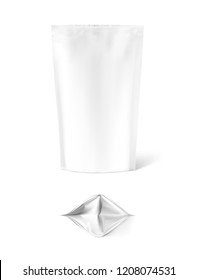Food pouch bags isolated on white background. Vector illustration. Front view and bottom. Can be used for food, medical, cosmetic and hygiene. EPS10.