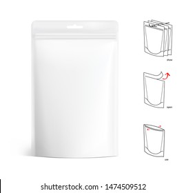 Food pouch bags isolated on white background with infographic. Vector illustration. Front view. Can be use for template your design, presentation, promo, ad. EPS10.	