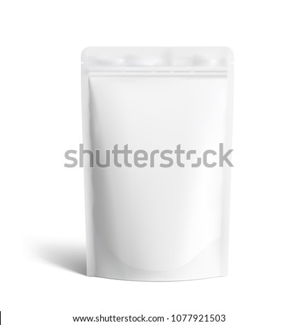 Food pouch bags isolated on white background. Vector illustration. Front view. Can be use for template your design, presentation, promo, ad. EPS10.