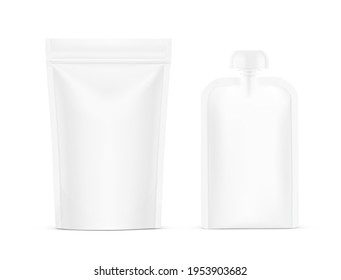 Food pouch bags mockup set. Vector illustration isolated on white background. Front view. Can be use for template your design, presentation, promo, ad. EPS10.	