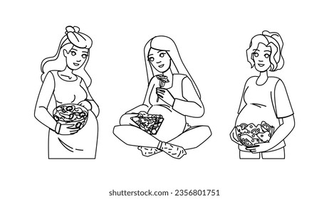 food pregnancy nutrition vector. woman diet, health pregnant, mother natural food pregnancy nutrition character. people black line illustration