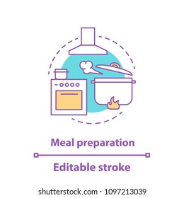 Food preparation concept icon. Kitchen. Cooking dinner. Cooker, exhaust hood, boiling stewpan. Vector isolated outline drawing