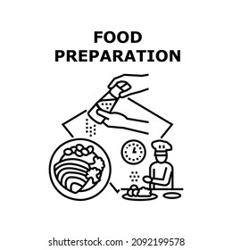 Food preparation cook. Kitchen meal. Reastaurant recipe. Home prepare instruction vector concept black illustration