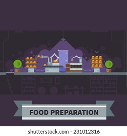 Food preparation. Drones make food. Modern technology. Warehouse. Vector flat illustration