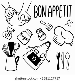 Food preparation elements for cooking: chef's hat, bag of flour, scales, fork, hands with dough, set of cutlery, grater, apron, salt, bon appetit inscription