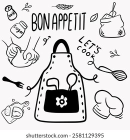 Food preparation elements for cooking: chef's hat, bag of flour, scales, fork, hands with dough, set of cutlery, grater, apron, bon appetit inscription