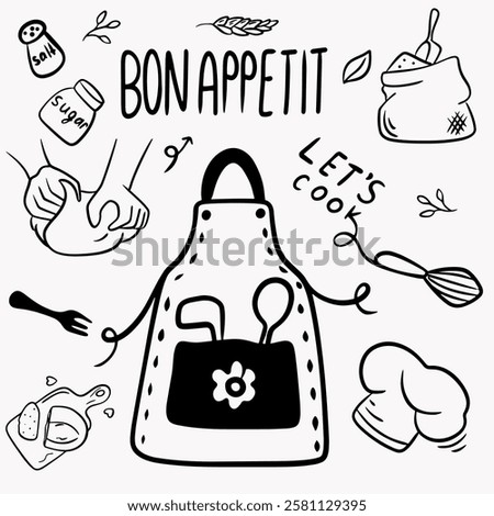 Food preparation elements for cooking: chef's hat, bag of flour, scales, fork, hands with dough, set of cutlery, grater, apron, bon appetit inscription