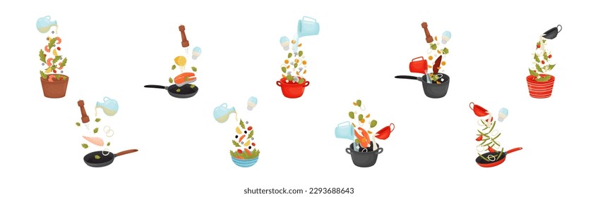 Food Preparation with Floating Ingredients for Cooking and Utensils Vector Set