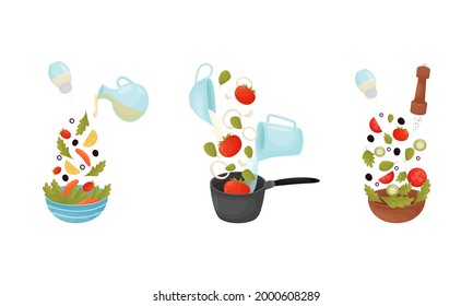 Food Preparation with Floating Salad Ingredients Dressing in Bowl and Soup Cooking Vector Set