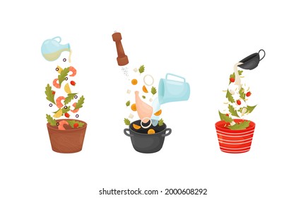 Food Preparation with Floating Salad Ingredients Dressing in Bowl and Soup Cooking Vector Set