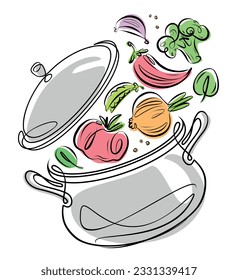 Food preparation. Fresh vegetables and a kitchen pot with lid. Cooking vector illustration