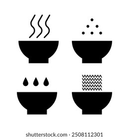 Food preparation icons. Cooking bowls with steam, drops, and grains. Minimal black symbols. Simple flat design.