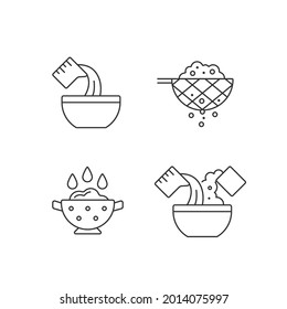 Juego de iconos lineales de instrucciones de preparación de alimentos. Ingrediente ligero. Arroz. Pasos del proceso de cocina. Símbolos de contorno de línea delgada personalizables. Ilustraciones aisladas del contorno vectorial. Trazo editable