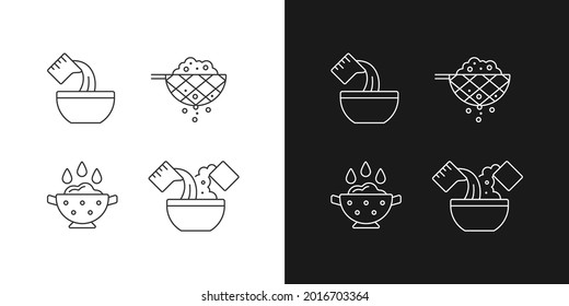 Food preparation instruction linear icons set for dark and light mode. Pour liquid. Cooking process steps. Customizable thin line symbols. Isolated vector outline illustrations. Editable stroke