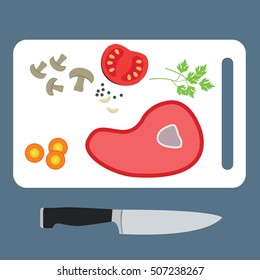 Food preparation Knife, meat, mushrooms and spices Vector flat illustrations.