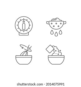 Food preparation linear icons set. itchen timer. Drain excess water or oil. Stir with whisk. Recipe step. Customizable thin line symbols. Isolated vector outline illustrations. Editable stroke