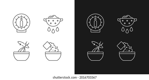 Food preparation linear icons set for dark and light mode. Kitchen timer. Cooking instruction. Recipe step. Customizable thin line symbols. Isolated vector outline illustrations. Editable stroke