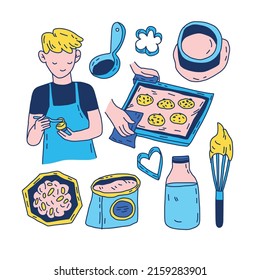 Food preparation process flat hand drawn illustration. Male prepares sweets, isolated clipart for greeting card. Man cartoon vector character with desert isolated on white. Kitchen tools collection.