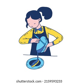 Food preparation process flat hand drawn illustration. Girl pouring the pastry into the mold, isolated clipart for greeting card. Female cartoon vector character with desert isolated on white.