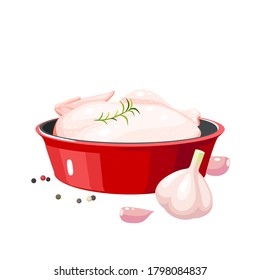 Food Preparation. Raw Fresh Chicken Carcass In Red Round Baking Pan. Kitchen Utensil. Vector Illustration Cartoon Flat Icon Isolated On White Background.