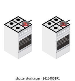 Food preparation. Raw and fried steak in a frying pan on gas oven stove isometric view. Cooking concept