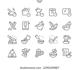 Preparación de alimentos. Libro de recetas. Tiempo de cocina. Más grande, revuelto, licuadora, cuchara. Iconos De Línea Delgada De Vector Perfecto De Pixel. Pictograma mínimo simple