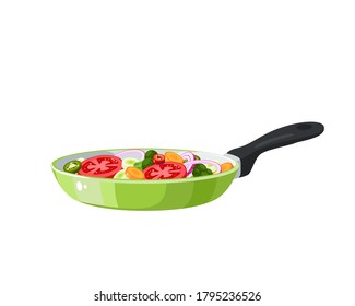 Food preparation. Sliced vegetables in green frying pan. Kitchen utensil. Vector illustration cartoon flat icon isolated on white background.